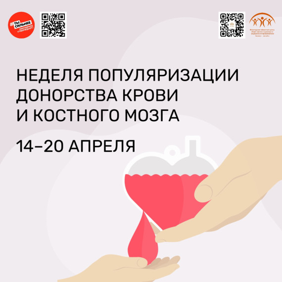 С 14 по 20 апреля 2025 года в России проводится Неделя популяризации донорства крови и костного мозга (в честь Дня донора в России 20 апреля).